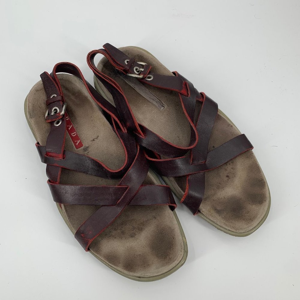 PRADA Strappy Sandal Leather Burgundy 38.5 Shoe - Picture 2 of 11